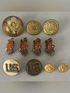 Vintage Mid-1900s Military Insignia Eagle Buttons, "US" Collar Discs, Torch Pins